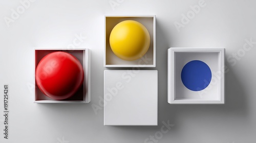 Colorful spheres in white square boxes, arranged on a light surface. Abstract, modern