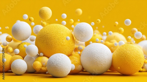 Close-up view of textured, spherical objects in shades of yellow and white against a yellow background