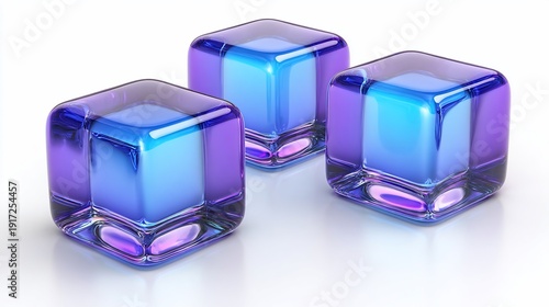 Three translucent blue and purple geometric cubes arranged on a white surface with shadows