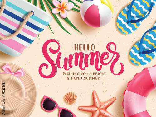 Hello Summer greeting text clipart template. Hello Summer greeting typography in sand beach background clip art with tote bag, hat, beachball, flipflop and sunglasses colorful elements for tropical 