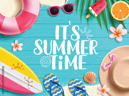 It's Summer Time greeting text clipart template. Summer Time typography text in blue wooden background clip art with 3d tropical colorful elements like floaters, surfboard, hat, flipflop 
