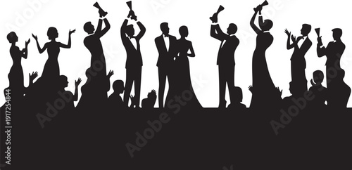Silhouettes of people celebrating with champagne glasses