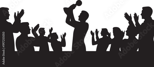 Silhouettes of people celebrating with raised hands and a trophy