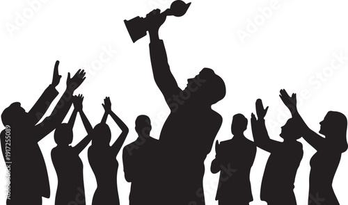 Silhouettes of people celebrating with raised hands and trophy