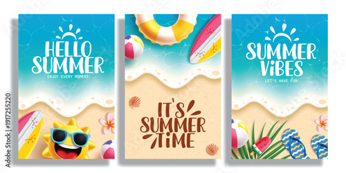 Hello Summer greeting text clipart set. It's Summer time and Summer Vibes typography clip art in top view beach background collection with hot sun, floaters, surfboard and flip flop colorful elements 
