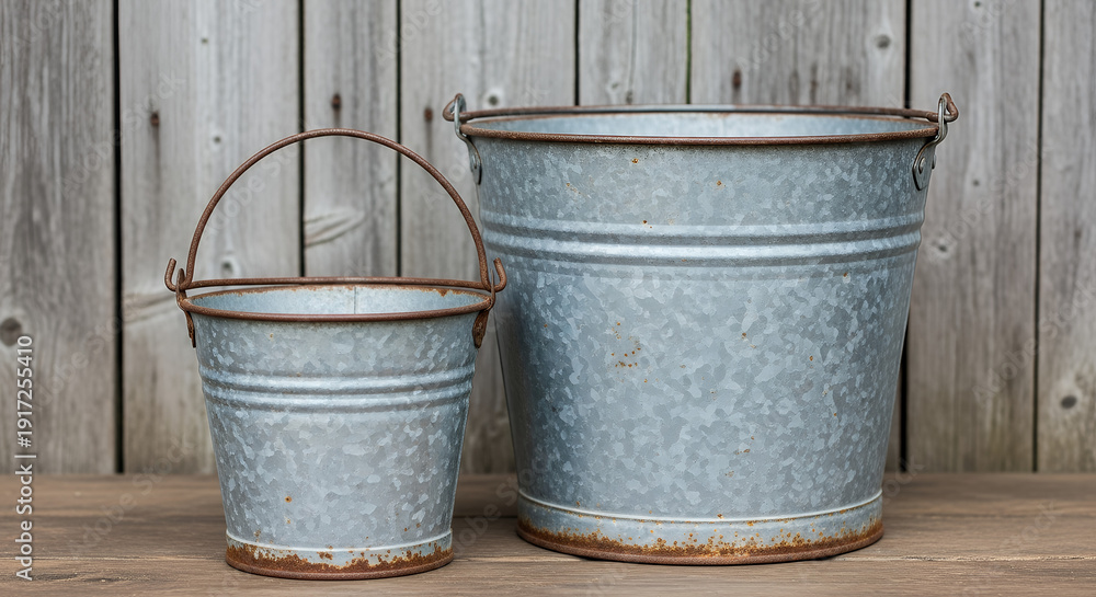 custom made wallpaper toronto digitalTwo galvanized metal buckets with rusty handles on a wooden surface against a weathered plank background