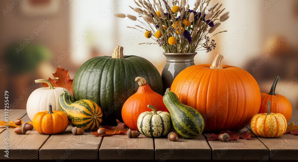 custom made wallpaper toronto digitalAssorted pumpkins and gourds arranged on a wooden table with autumn flowers in a vase