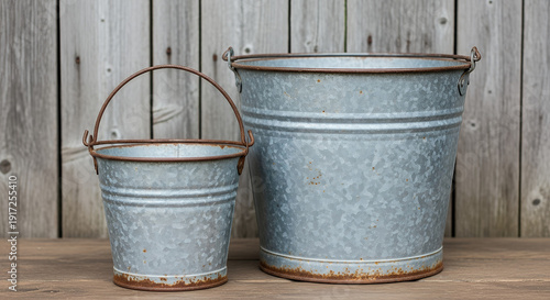 Wallpaper Mural Two galvanized metal buckets with rusty handles on a wooden surface against a weathered plank background Torontodigital.ca