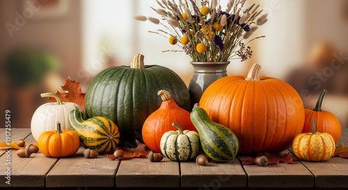 Wallpaper Mural Assorted pumpkins and gourds arranged on a wooden table with autumn flowers in a vase Torontodigital.ca