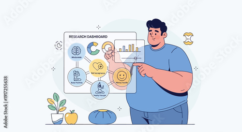 Business analytics dashboard illustration with a man interacting with data