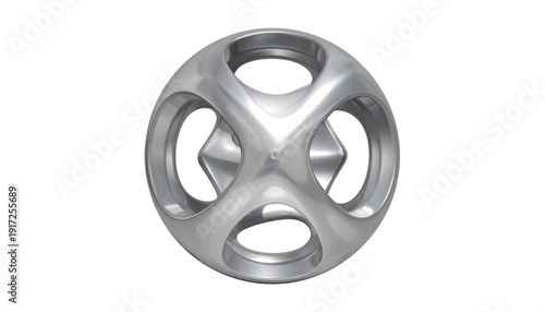 Metallic, geometric, orb-like form with interconnected circular apertures and central diamond