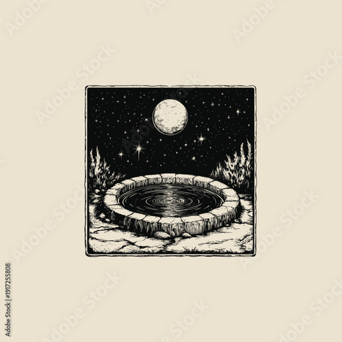 Minimalist line art illustration of a mystical stone wishing well with water ripples under a glowing full moon and starry night sky, isolated on a black background.
