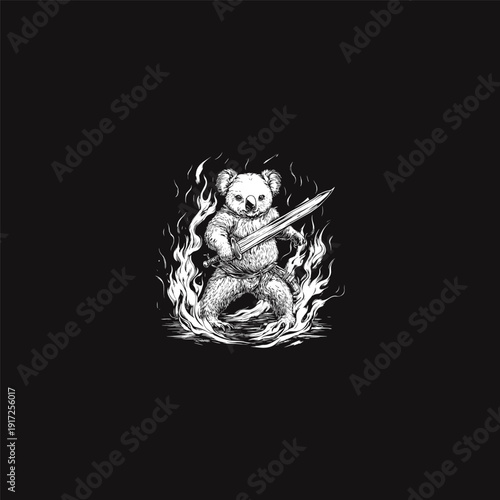 Powerful vintage engraving of a brave koala warrior holding a sword and surrounded by intense flames, isolated on a solid black background.