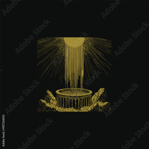Vintage gold engraving of a mystical stone basin or altar surrounded by rocks with celestial light rays descending from a glowing sun, isolated on a black background.