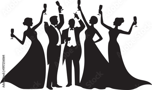 Silhouettes of people in formal attire holding glasses