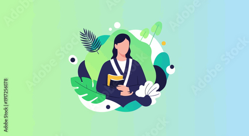 Graduation Ceremony Celebration Concept with Leaves and Abstract Shapes Background
