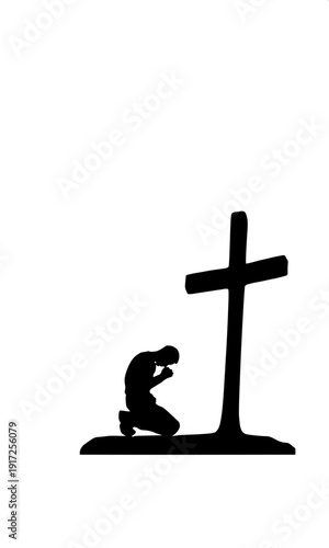 Minimal black cross with white human silhouette arms stretched, crucifix pose, vector illustration, white background