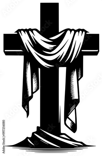 Minimal black cross with white human silhouette arms stretched, crucifix pose, vector illustration, white background