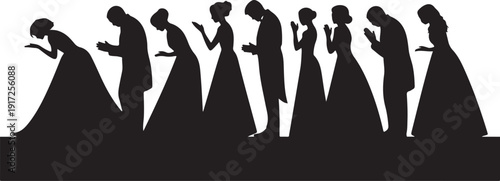Silhouettes of people in formal attire praying black and white