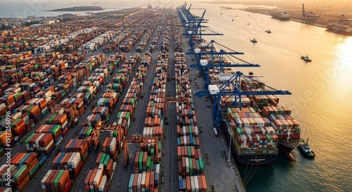 Wallpaper Mural Aerial view of shipping containers stacked at a busy cargo port during sunset with cranes loading cargo ships Torontodigital.ca