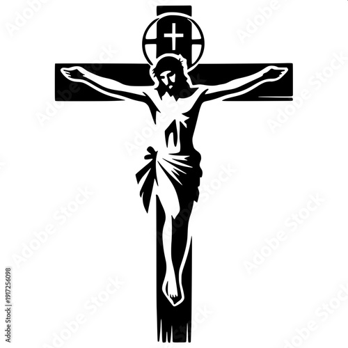 Minimal black cross with white human silhouette arms stretched, crucifix pose, vector illustration, white background