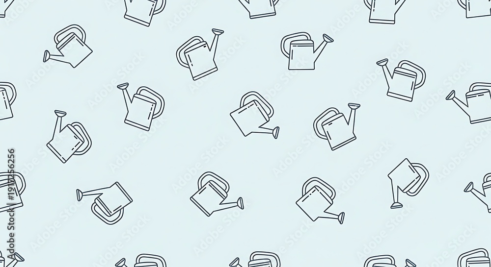 A light blue seamless pattern background features a repeated arrangement of simple outline drawings of watering cans.