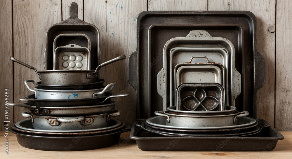 custom made wallpaper toronto digitalAssorted metal cookware stacked on trays and countertop against a wooden backdrop, showcasing various kitchen utensils and equipment.