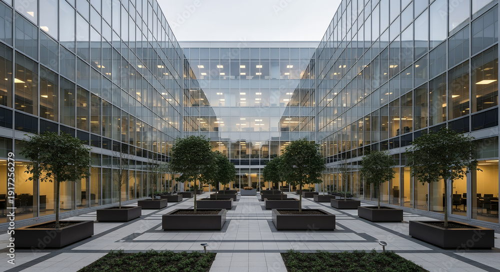 custom made wallpaper toronto digitalModern corporate courtyard with lush greenery and sleek glass architecture viewed from a central vantage point
