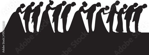 Silhouettes of people in long dresses and suits standing in a line