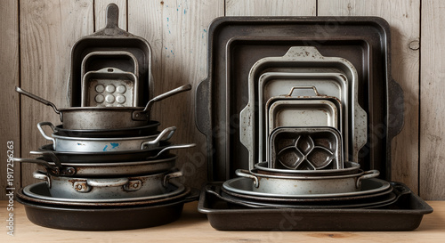 Wallpaper Mural Assorted metal cookware stacked on trays and countertop against a wooden backdrop, showcasing various kitchen utensils and equipment. Torontodigital.ca