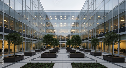 Wallpaper Mural Modern corporate courtyard with lush greenery and sleek glass architecture viewed from a central vantage point Torontodigital.ca