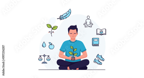 Man Meditating With Plant and Various Life Elements Around Him
