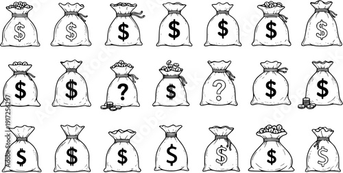 Collection of sketched money bags with dollar signs, loose coins, and question marks for financial concepts, banking, and investment.