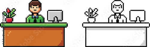 Pixel art illustration of a person working at a desk with a computer and a potted plant, shown in both color and black and white outline versions.