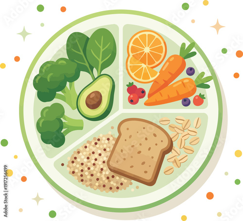 A vibrant illustration of a segmented plate filled with a variety of healthy and nutritious food items including vegetables, fruits, grains, and avocado.