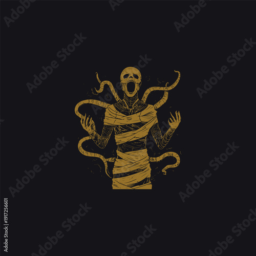 Disturbing red mummified figure screaming with dark tentacles emerging from its body, vintage engraving horror illustration isolated on a black background.