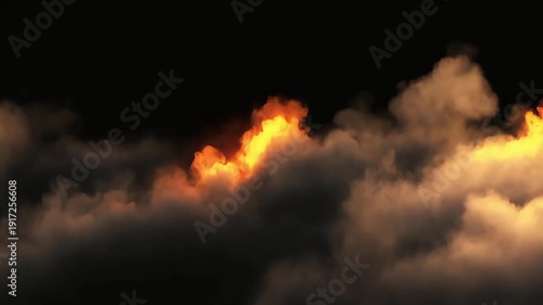 Dense rolling smoke with emerging fire glow on black background. Dramatic cinematic combustion scene for action trailers, disaster concept and 4K loop backdrop.
