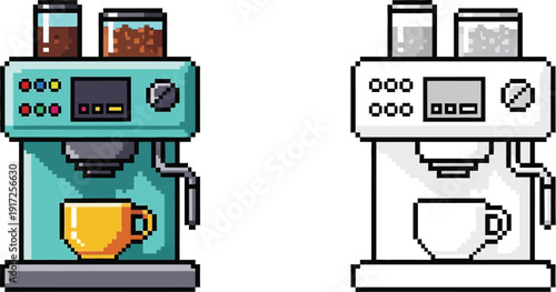 Pixel art illustration of a modern espresso coffee machine with a cup, showing both colored and outline versions.