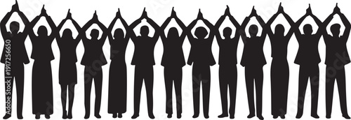 Silhouettes of people raising arms in unity arms raised