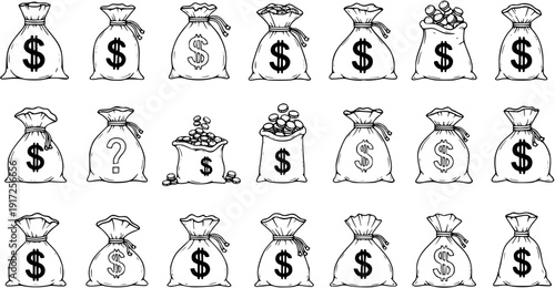 Finance and Economy Hand Drawn Icons: Money Bags, Dollar Signs, Coins, and Question Mark - Vector Set
