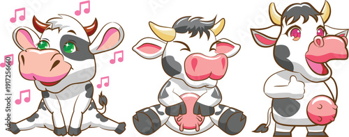 Three cartoon cows are singing with musical notes surrounding their cheerful faces