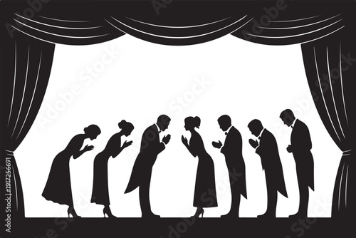 Silhouettes of people praying on stage with curtains