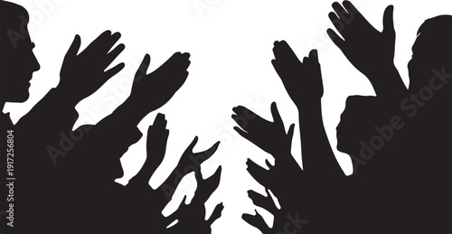 Silhouettes of people raising hands against white background