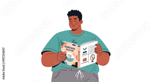 Man reading a journal focused on self-care and personal growth with mindfulness