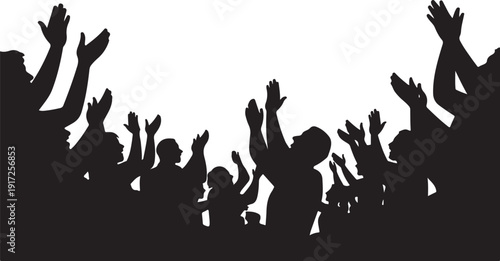 Silhouettes of people raising hands against white background
