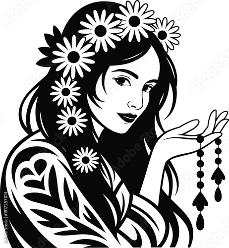 Black and white bohemian woman illustration with floral crown holding rosary beads, elegant vintage style portrait design for tattoo, logo, wall art, and print
