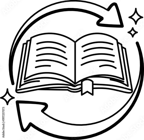 Open book with circulation arrows. Lifelong learning and knowledge exchange outline