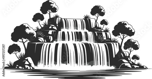 Black and white waterfall landscape illustration with cascading tiers, serene forest trees and flowing river, minimalist nature scenery graphic for logo, print, and wall art design
