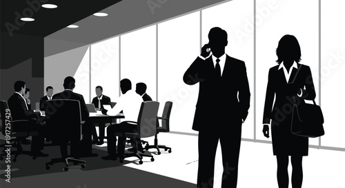 Silhouetted professionals converse near a bright window while a colleague talks on the phone in a modern, high-rise conference room.