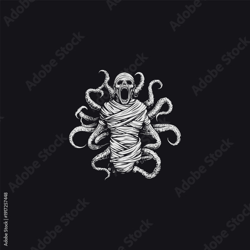 Disturbing red mummified figure screaming with dark tentacles emerging from its body, vintage engraving horror illustration isolated on a black background.